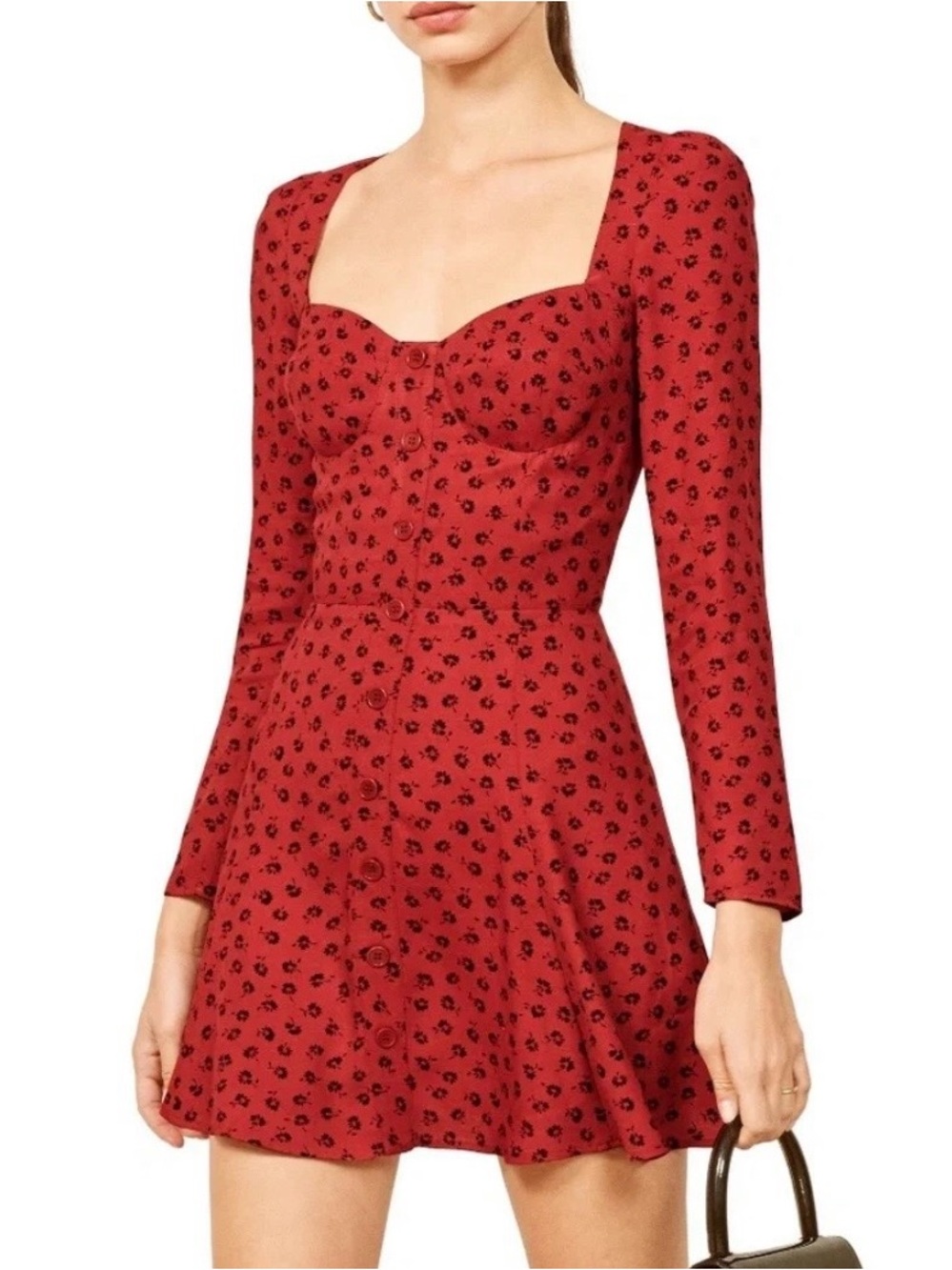 Reformation Red Floral Long-Sleeve Sweetheart Dress